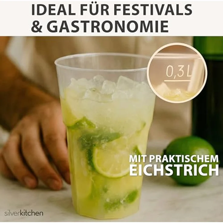 Silverkitchen 100x Cocktail Plastikbecher 0,3 L – Stapelbare Mehrweg Partybecher - Spülmaschinenfeste Hartplastik Becher für Events, Partys & Gastro – Bild 4