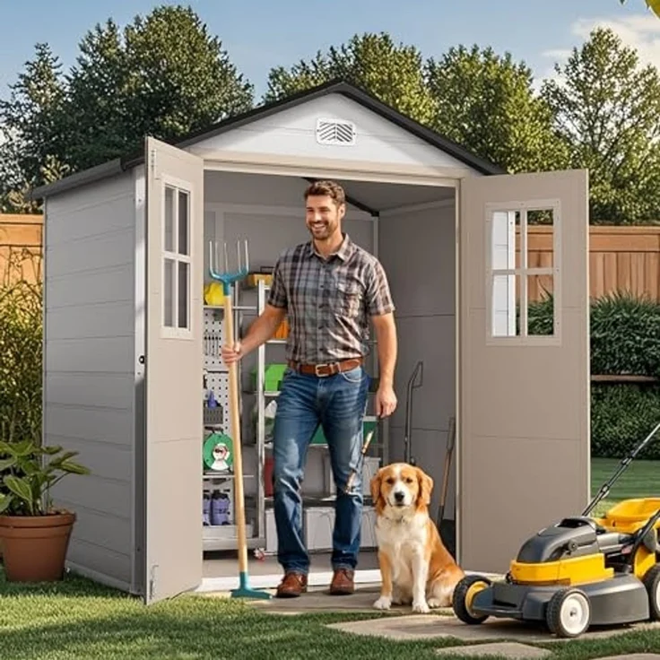 YITAHOME Kunststoff Gartenhaus 6x4.4 Fuß mit Boden, Wetterfester Aufbewahrungsschuppen mit verschließbaren Türen, Fenstern & Belüftung für Gartenwerkzeuge, Fahrräder, 183 x 135 x 208 cm, Braun Schwarz – Bild 2