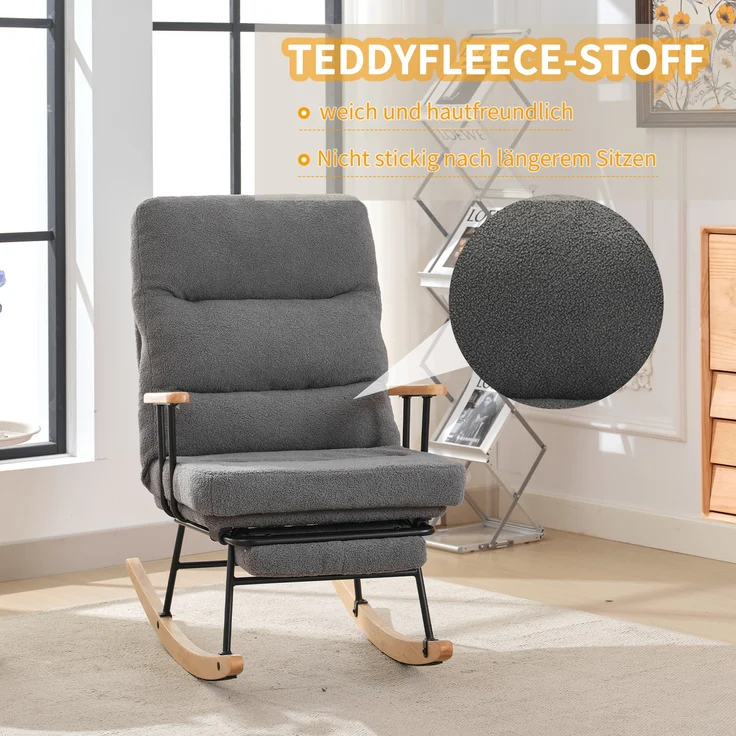 Schaukelsessel, Teddy-Fleece, mit Schwerkraftverstellung & Fußstütze, 63,5x102x100 cm, Grau – Bild 6