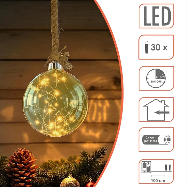 Spetebo LED Dekoobjekt LED Glas Kugel auf Seil 14 cm - Deko Kugel 30 LED, batterie betrieben, LED, warm weiß, Deko Kugel warmweiß beleuchtet mit Timer – Bild 3