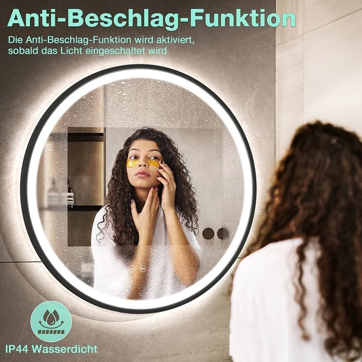 GIMBELEN LED Badezimmerspiegel 70 cm, runder Wandspiegel mit Beleuchtung, 3 Lichtfarben, dimmbar, Anti-Beschlag, energiesparend, Touch-Schalter und Memory-Funktion, schwarzer LED-Spiegel, 70 cm – Bild 2