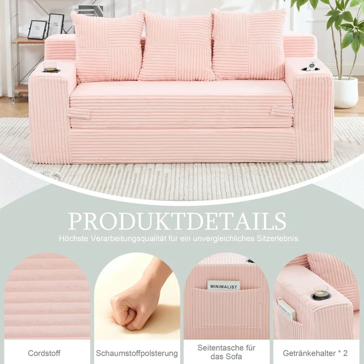 EINHOM Dreier-Sofa aus Baumwoll- und Leinenstoff, mit Getränkehalter und seitlichen Taschen, kann in drei Sitzplätze umgewandelt werden, rahmenloser Design mit gestrickten Kissen und Rückenlehne, großes Sitz – Bild 2