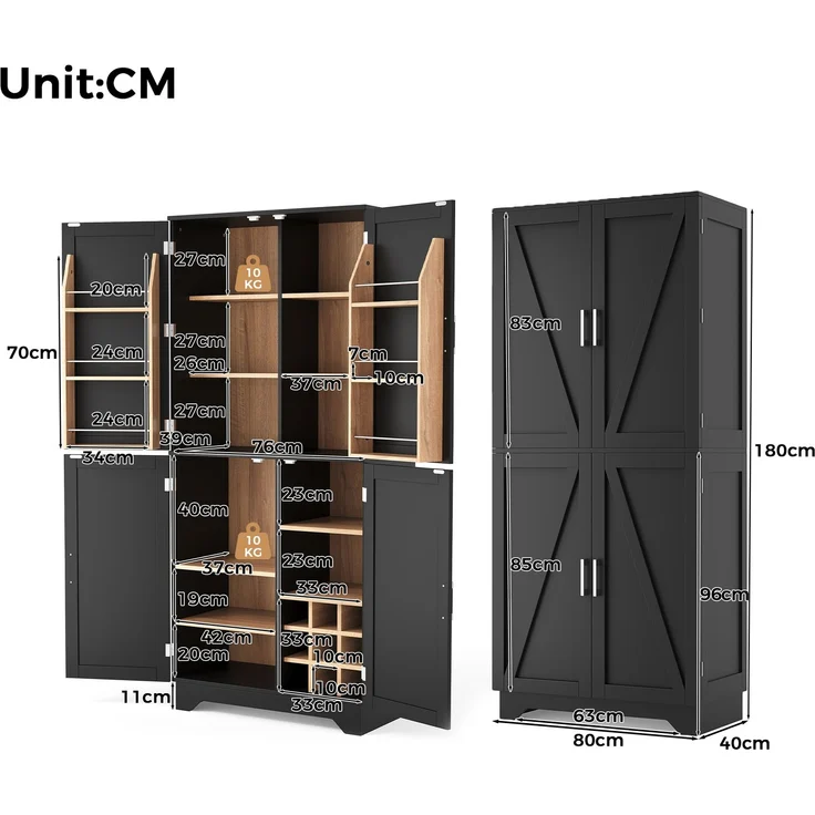 Küchenschrank, hoher Stauraumschrank mit 4 Scheunentor-Türen, Vorratsschrank mit Weinregal und Türregal, Aufbewahrungsschrank für Wohnzimmer und Esszimmer, 80 × 40× 180 cm – Bild 4
