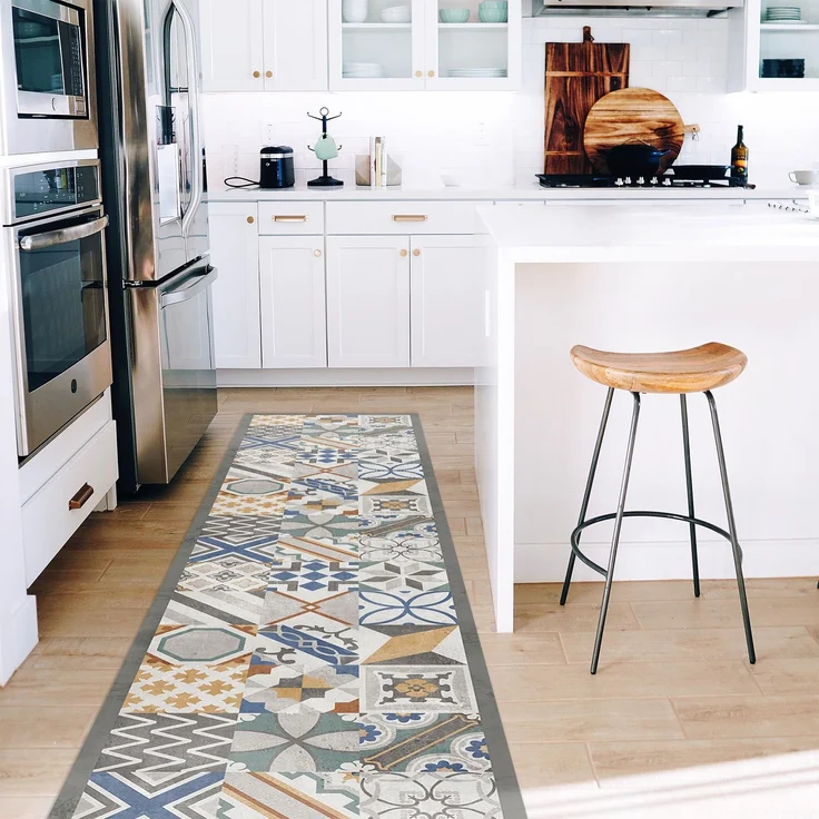 CREARREDA Cement Tiles Kitchen Rug, 240 x 50 cm, Non-Slip and Washable Vinyl, Kitchen Runner, 100% Washable, 100% Made in Italy Deluxe Line