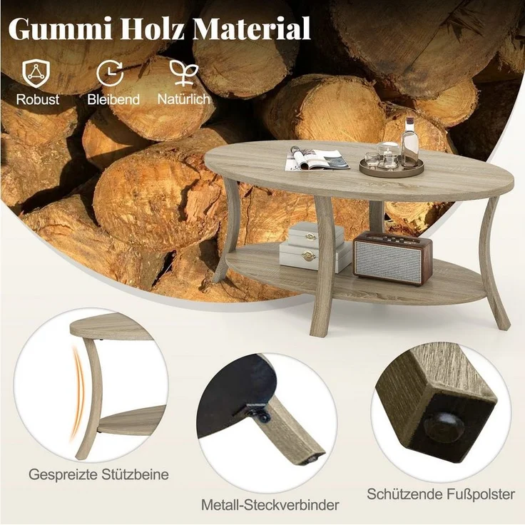 COSTWAY Couchtisch, ovaler Wohnzimmertisch mit Ablage, Holz – Bild 3