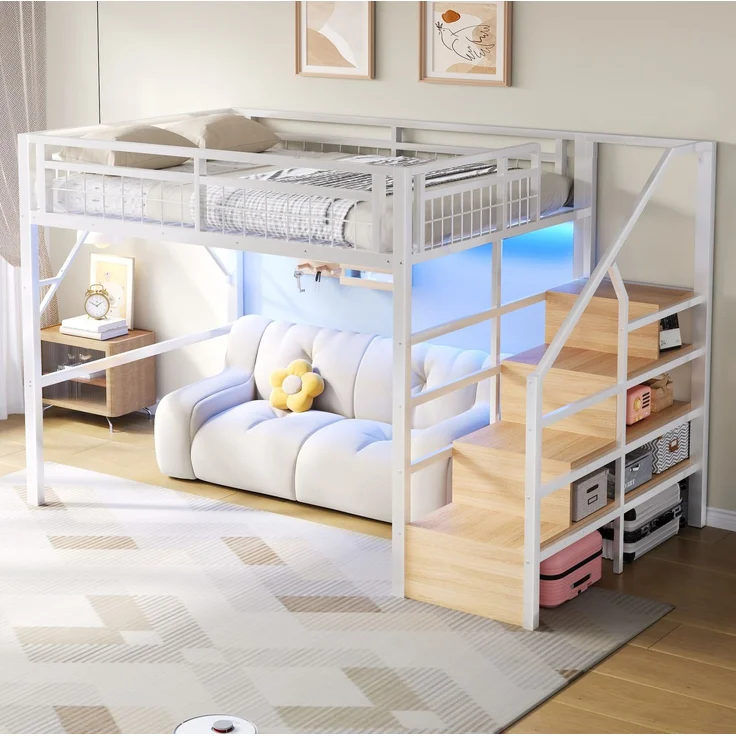 CHICFURN Hochbett Metall und MDF Weiß 140x200 cm mit LED-Beleuchtung und Stauraumtreppe – Bild 3