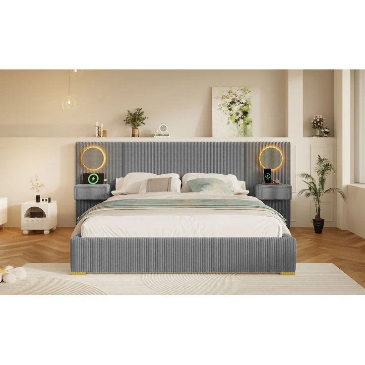 U-life Samtstoff Polsterbett 180x200 cm, fürs Schlafzimmer, USB-Anschlüssen, Samt, Grau – Bild 8