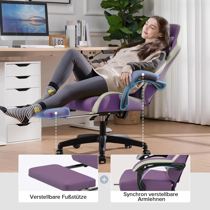 GTPLAYER Gaming Stuhl Ergonomischer Gaming Sessel Schreibtischstuhl Kunstleder, Federsitzkissen, Verbindungsarmlehnen und Fußstütze 150KG, lila – Bild 5