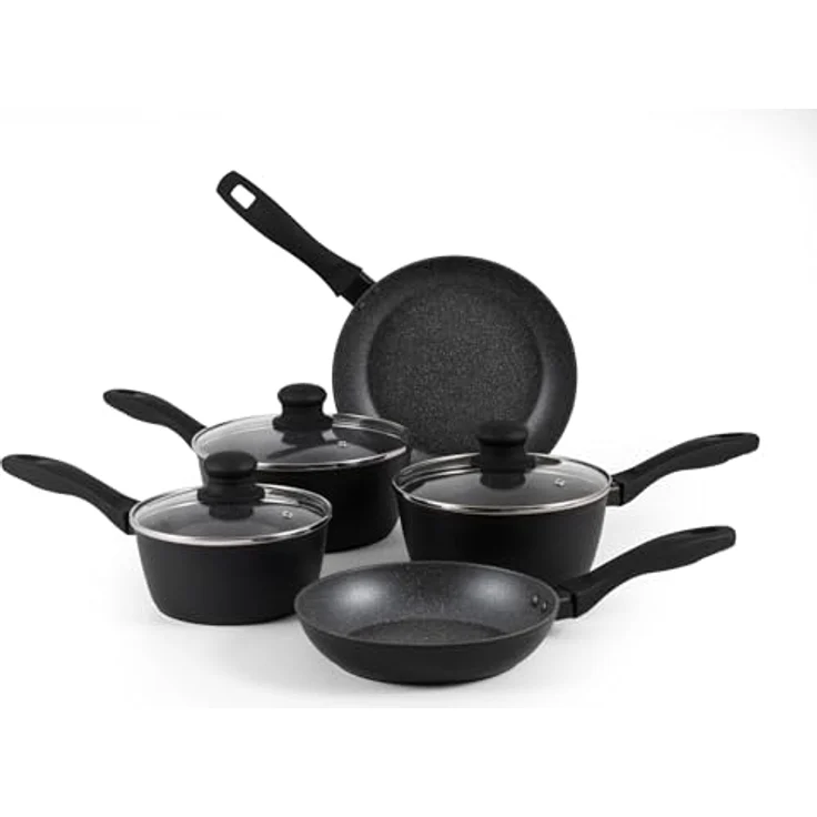 Russell Hobbs RH02814EU7 Metallic Marble Kochpfannen-Set - Antihaft-Küchengeschirr, 20/24-cm-Pfannen, 16/18/20-cm-Töpfe, Deckel aus gehärtetem Glas mit Dampfschlitzen, Induktionskochfeld geeignet – Bild 2
