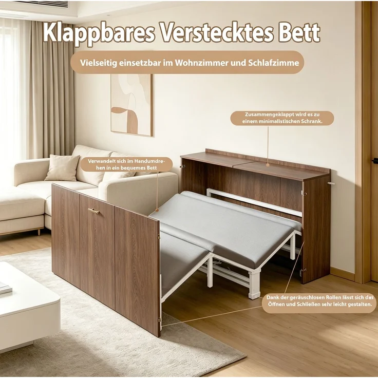 Klappbett 140x200 cm in Schrankoptik mit Leinenmatratze, Metallrahmen und Rollen – Bild 7