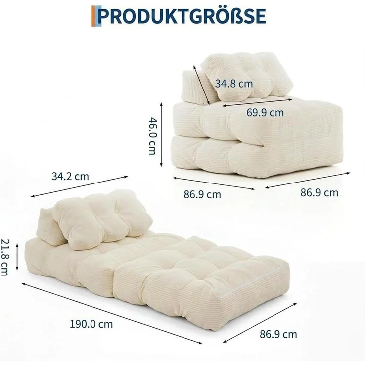 GarveeMore Schlafsofa mit Kissen 3-in-1 Klappsofa aus Cord Schlafsessel Multifunktionssofa – Bild 3