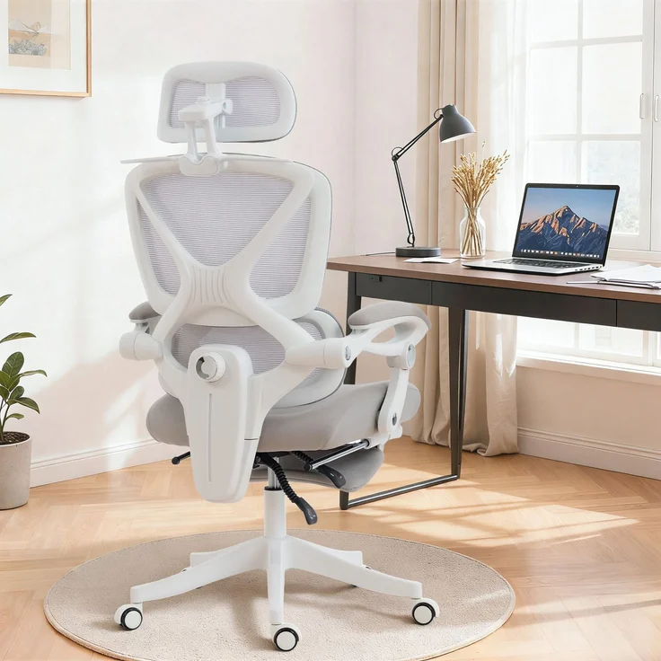 Wohnora-Bürostuhl, Ergonomischer Schreibtischstuhl mit Fußstütze, Wippfunktion, Armlehne, Netzstoff, Grau,H 1290cm x T 700cm x B 440cm,Hellgrau – Bild 3