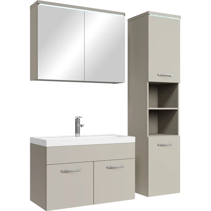 Badplaats Badmöbel Komplettset Paso LED 80x40 cm Cashmere - Badezimmermöbel mit Waschbecken, Spiegelschrank und Badezimmerschrank – Bild 1