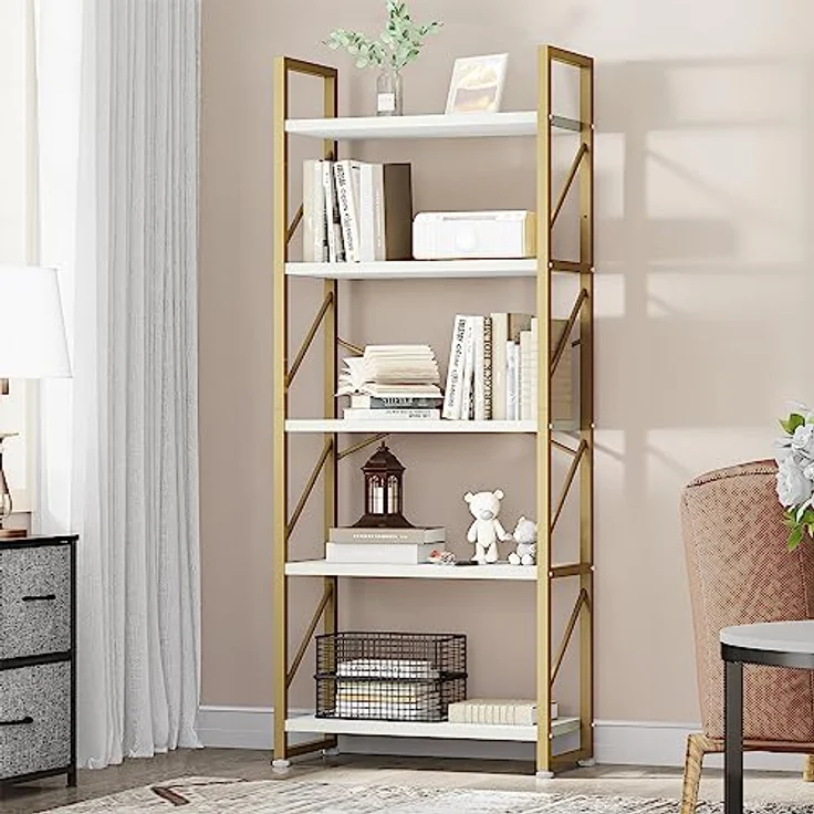 YITAHOME Bücherregal mit 5 Ebenen, Industrielles Standregal Aufbewahrungsregale für Wohnzimmer Bücher Schlafzimmer Büro Küche Zeitschriften, Golden – Bild 2