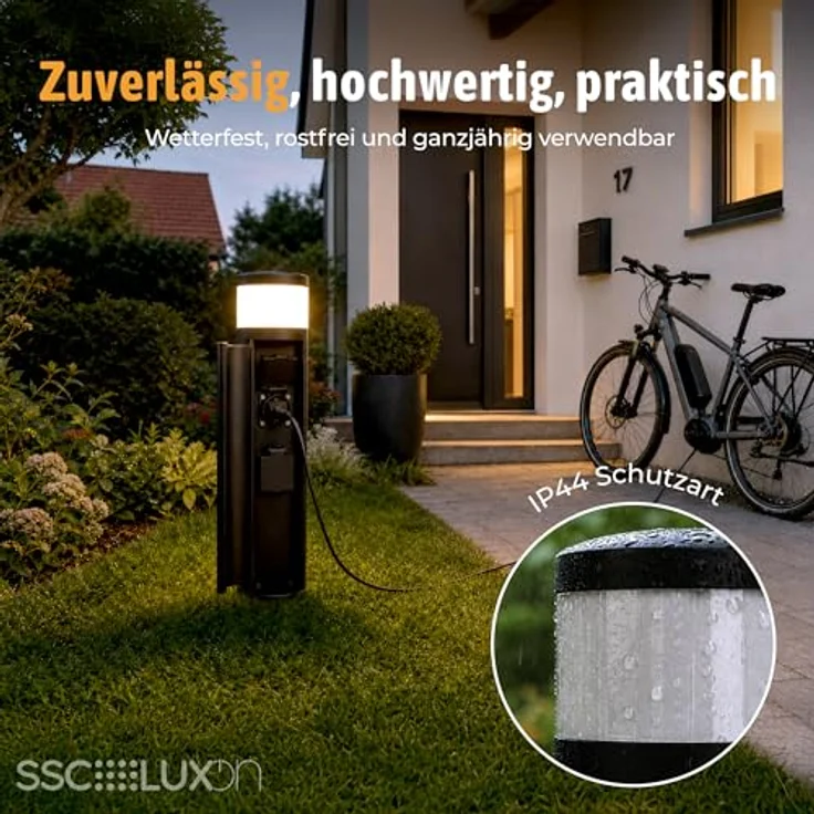 SSC-LUXon PALISO Energiesäule, schwarze Pollerleuchte mit 2 geschützten Steckdosen und G9 3W LED warmweiß, IP44, Ø 90 x 460 mm – Bild 4
