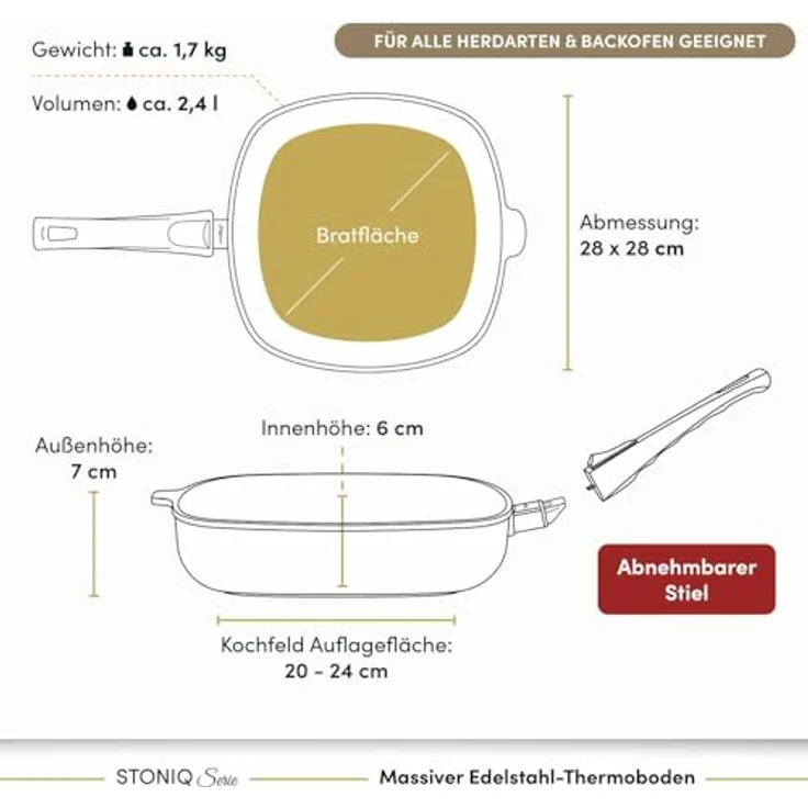 Hoffmann Germany STONIQ Viereckpfanne 28×28 cm, PFAS-frei mit Glasdeckel, Induktion, abnehmbarer Griff, backofenfest bis 300°C, 2,4 l – Bild 2