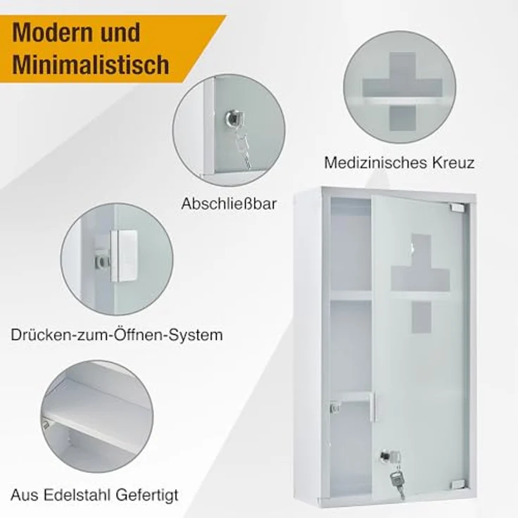 Zedelmaier Medizinschrank aus Edelstahl,Medikamenten Aufbewahrung,Medikamentenschrank 3 Fächer,Apothekerschrank,Hängend,48 x 27 x 12 cm,Weiß - 3 Fächer – Bild 8