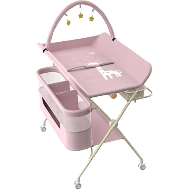 Wickelstation für Baby, Wickeltisch, faltbar, tragbar, Wickeltisch, faltbar, tragbar, mit Aufbewahrungskorb, maximale Belastung von 25 kg,75 x 68 x 83–91 cm (Schwarz) Rosa – Bild 2