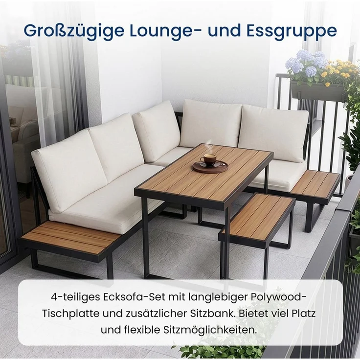 Home Collective Gartenlounge-Set Balkonmöbel Lounge Möbel Outdoor Terrassenmöbel Sitzgruppe mit Tisch, (4-teiliges Set mit Ecksofa, 1 Bank und 1 Tisch 110 cm, inkl. abziehbarer Kissen), robustes Polywood in Eiche/Schwarz, Kissen in beige – Bild 4