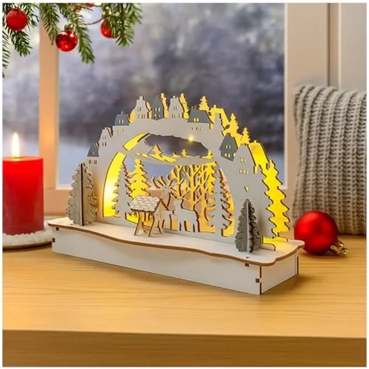 HTI-Living Batteriebetrieben LED Holz Weihnachtsdeko mit Waldmotiv