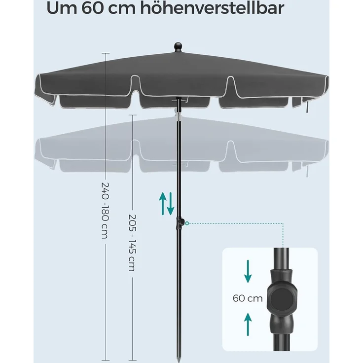 SONGMICS Sonnenschirm 180x125 cm, Balkonschirm UPF 50+, Sonnenschutz, beidseitig um 30° knickbar, höhenverstellbar, mit Aufbewahrungstasche, für Garten, Terrasse, ohne Ständer, grau GPU180G01 – Bild 4