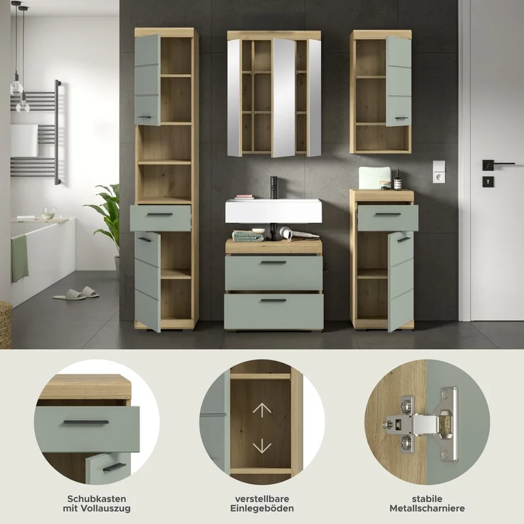 Xonox Scout Badkombination (B/H/T: 164x191x34 cm) in Salbei und Artisan Eiche Nachbildung – Bild 9