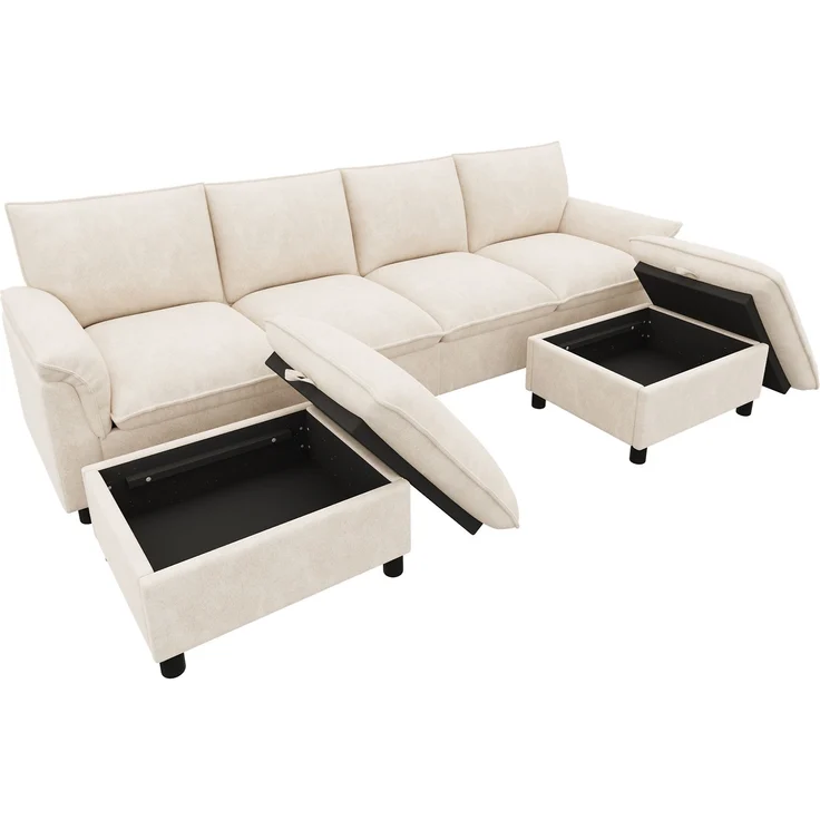 Merax U-förmiges modulares Sofa, bequemes Ecksofa mit Deep-Seat-Design, mit 2 beweglichen Fußhockern, hohe Rückenlehne, Chenille, Beige, B264.5/D142.5/H84 – Bild 10
