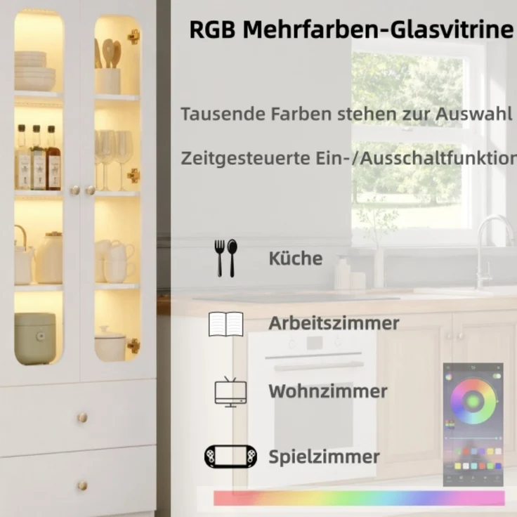 ZUBALIYA Glasvitrine, Küchenschrank, Aktenschrank, Sammelfiguren-Vitrine, 4 Ebenen Spielzeugschrank mit 2 Schubladen, LED-Leiste mit RGB-Farbwechsel per App steuerbar, goldene Metallgriffe, weiß, 60x35x170 cm – Bild 9