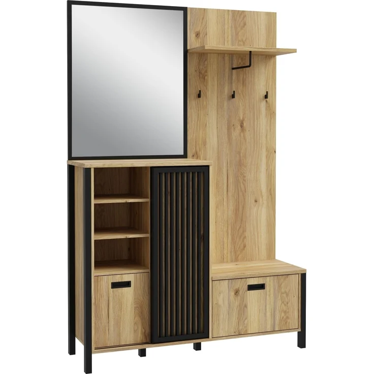 Kompaktgarderobe >JYTANA< mit Spiegel, Mauvella Eiche Dekor / schwarz - 132x200,3x40,2cm (BxHxT) – Bild 4