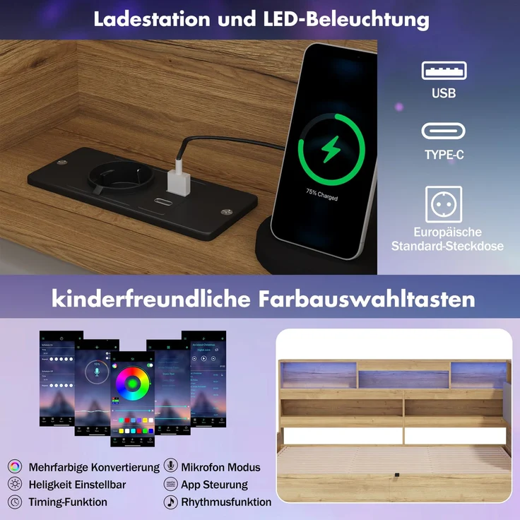 Merax Kinderbett 140x200 cm, Holzbett, Jugendbett, Daybett, Hydraulisches Stauraumbett, mit USB-Ladestation und LED-Beleuchtung, Naturfarbe – Bild 7