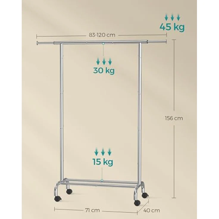SONGMICS Stand Appendiabiti Con Ruote, Attaccapanni Estensibile in Metallo, Con Ripiano Portaoggetti Rialzato, 40 x (83-120) x 156 cm, Portata Totale 45 kg, Argento HSR134E01 – Bild 7