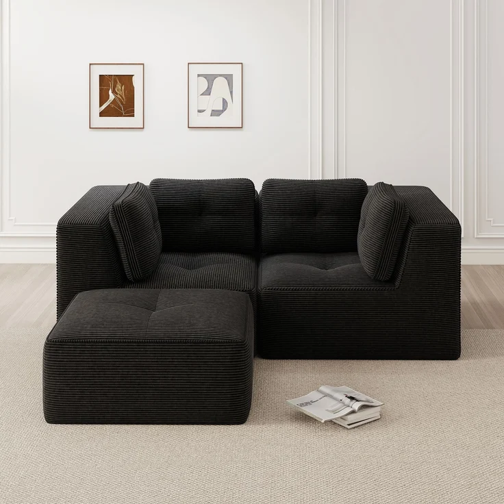 EINHOM Modulares und konfigurierbares Ecksofa, zweisitziges, rahmenloses L-förmiges Sofa mit beweglicher Fußstütze, bequemer Cordstoff, geeignet für Wohn- und Schlafzimmer, Schwarz – Bild 3