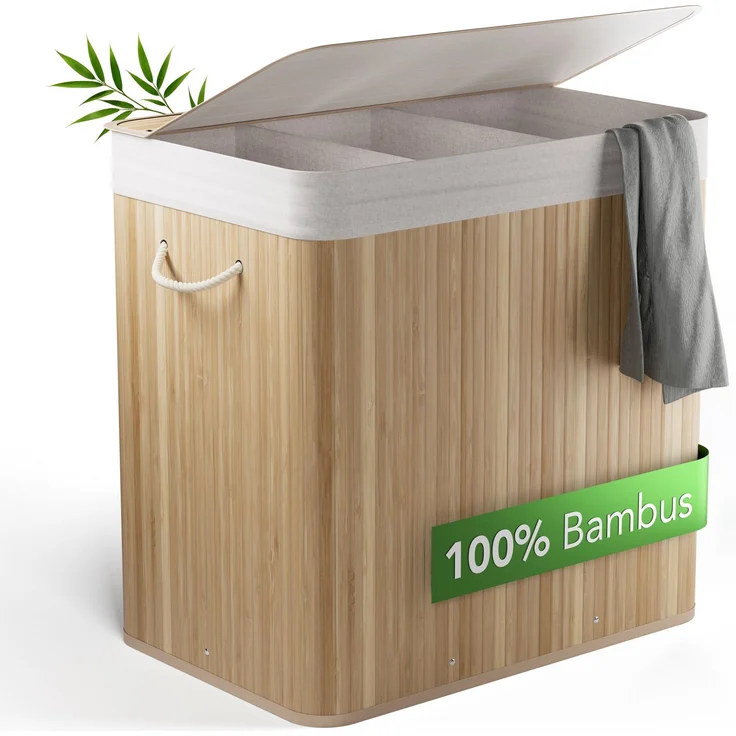 Bambus Wäschekorb 3 Fächer, 150L Wäschesammler mit Deckel & herausnehmbarem Sack – Bild 1