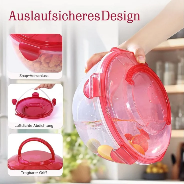 Elegear Müslischale Salatschüssel mit luftdicht Deckel, 4,5L/3,2L/1,8L/1L Salatschüssel, ABS, (2-tlg), mit Tragegriff Gabeln Löffel, Stapelbar Schüsseln Frischhaltedosen – Bild 3