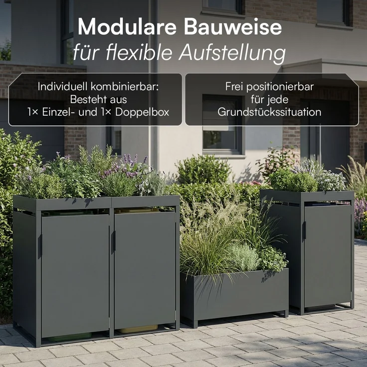 STEELSØN 'Thoria' Mülltonnenbox 3er je 120 Liter, anthrazit, Mülltonnenverkleidung aus Stahl, wetterfest, 111x62x177,5 cm, Müllbox mit Pflanzendach für 3 Tonnen – Bild 9