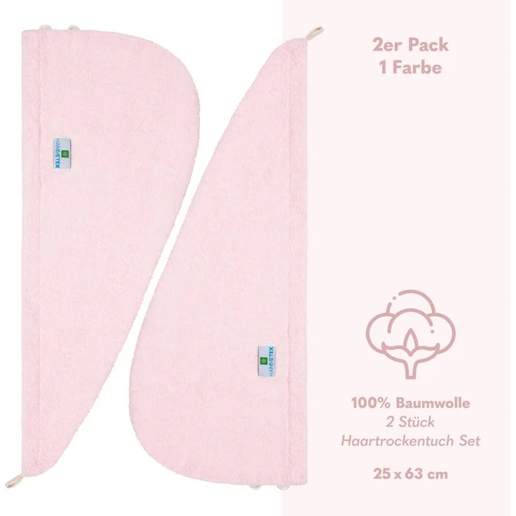 HAMMETEX Turban-Handtuch 2er Set Haarturban Damen, 100% Baumwolle, Flauschig & Schnelltrocknend, Frottier (Set, 2-St), Uni-Farben, weich – Bild 4