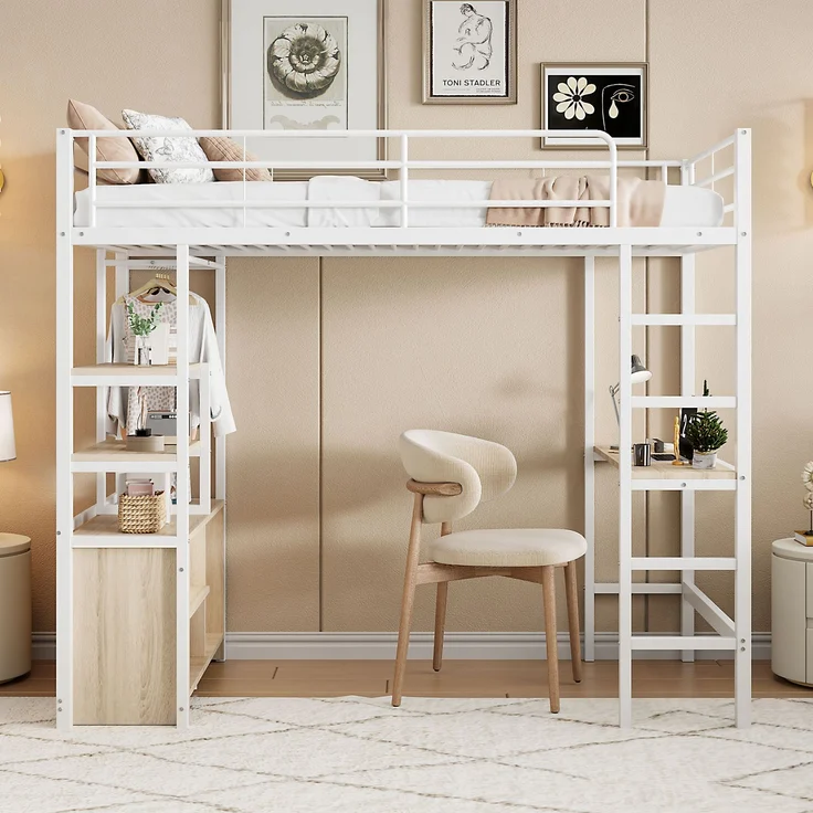EINHOM Hochbett, 90 x 200 cm, Bett mit Schreibtisch, mit Steckdose und USB, Mehrere Regale, Offener Lagerschrank, Geländer, Leiter, Eisenrahmen, Weiß (Ohne Matratze) – Bild 3