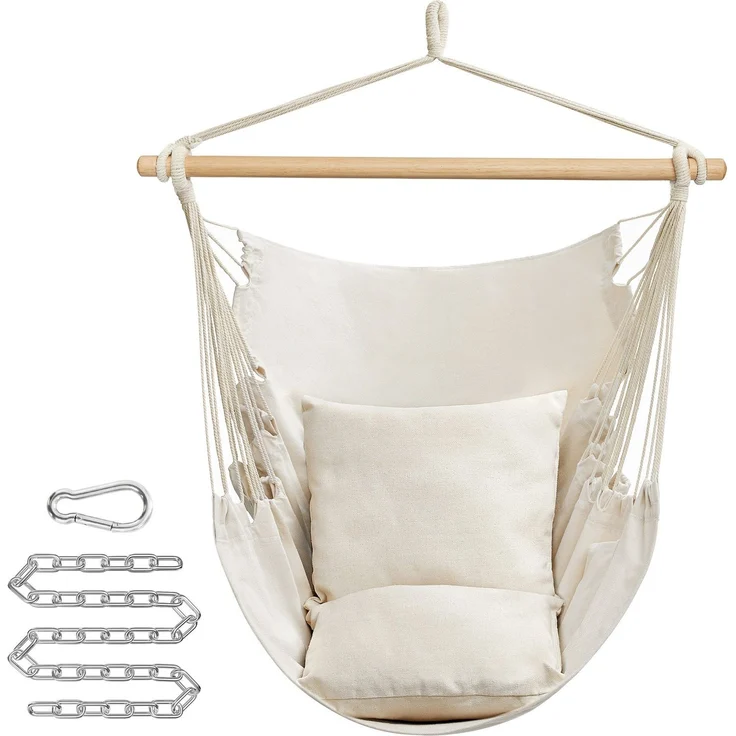 SONGMICS Hängesessel, Hängeschaukel, Hängestuhl mit 2 Kissen, Metallkette, bis 150 kg belastbar, Indoor und Outdoor, Wohnzimmer, Schlafzimmer, cremeweiß GDC187M01 – Bild 1