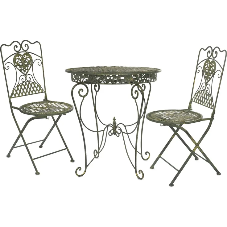 Moritz Bistro Set Tisch oval + 2 Stühle grün antik aus Gusseisen Gartendeko Set Bistrotisch Bistrostühle 3-teilig Sitzgruppe Balkonmöbel