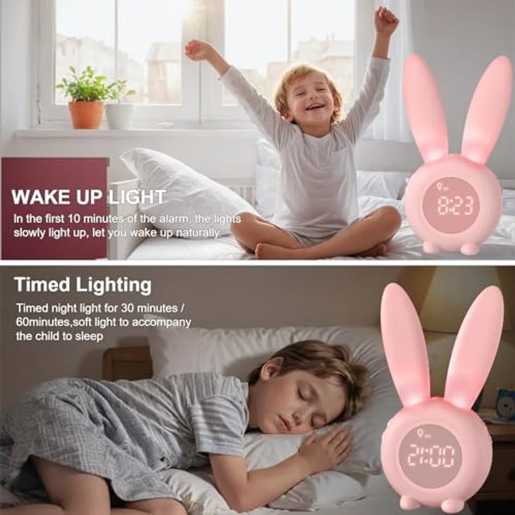 EXTSUD LED Nachtlicht Kinder Lichtwecker Cute Rabbit Kinderwecker, Creative Nachttischlampe Snooze-Funktion zeitgesteuertes Nachtlicht – Bild 4