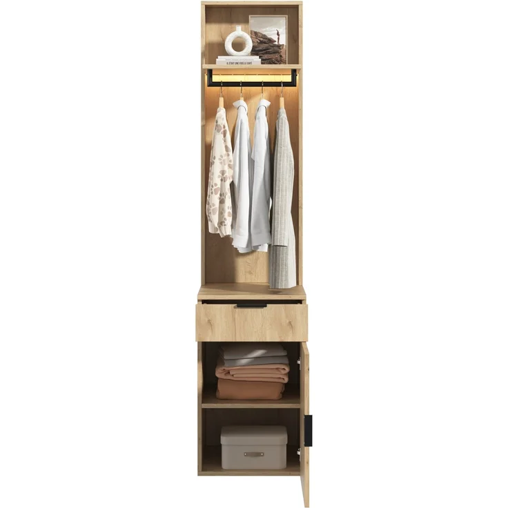 Garderobenschrank aus MDF mit LED-Kleiderstange & Schmuckschublade, 45x47x200 cm, Eiche – Bild 4