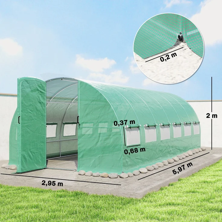 MELAYR, 18 m² großes Tunnelgewächshaus, Tunnelgewächshaus mit Tür und 12 Fenstern mit Moskitonetzen, Grün – Bild 5
