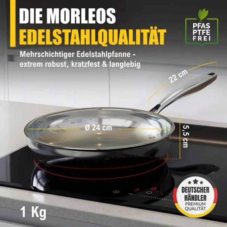 Morleos Bratpfanne Edelstahlpfanne 24cm Unbeschichtet 5-Schicht - 3mm -1 kg, Edelstahl (Xsteel), 5-Schicht, 3mm, 1kg, backofenfest, spülmaschinenfest, bis 400°C