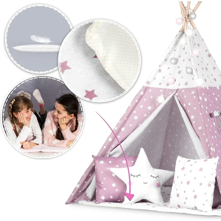 NUKIDO Kindertipi im Montessori-Stil Baumwolle und Holzrahmen mit Isoliermatte 3 Kissen Girlande Luftig 120 x 120 x 165 cm Rosa mit Sternen – Bild 5