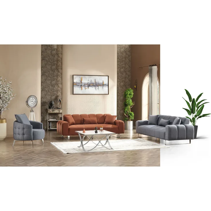 Sitzgruppe/Sofa Set - Wohnzimmergarnitur "Niva" 3+3+1-Grau/Orange