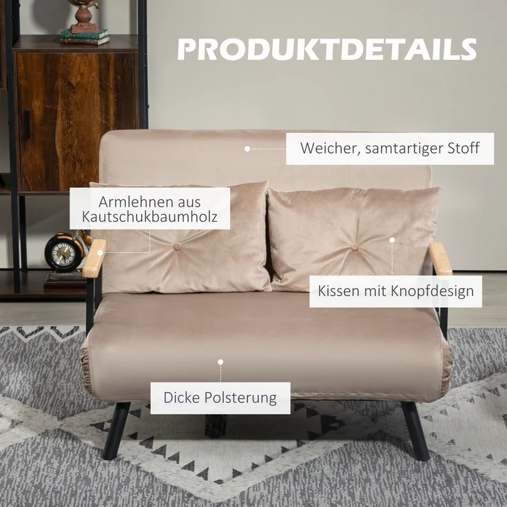 HOMCOM Relaxsessel mit Bettfunktion, Polstersofa mit verstellbarer Rückenlehne, Gästebett, Hellbraun, 102 x 73 x 81 cm – Bild 6