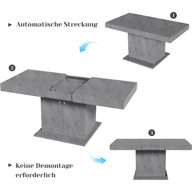 Ausziehbarer Esstisch 140/180x80x76 cm, Betonoptik Grau, mit Stauraum – Bild 8