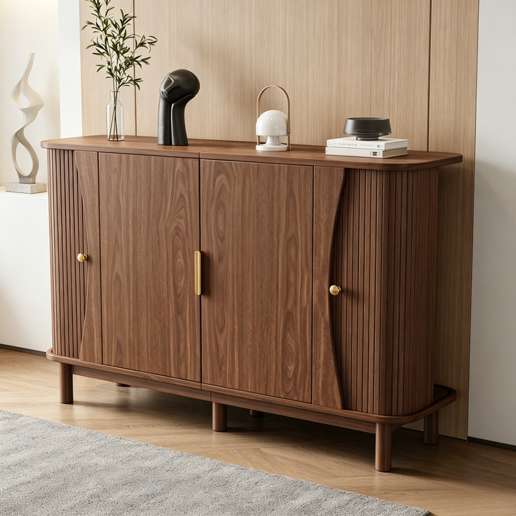 Merax Sideboard 140 x 40 x 88 cm aus MDF, Kommode mit geschwungenen Kanten, 2 Schiebetüren, Stauraumschrank, Walnuss – Bild 3