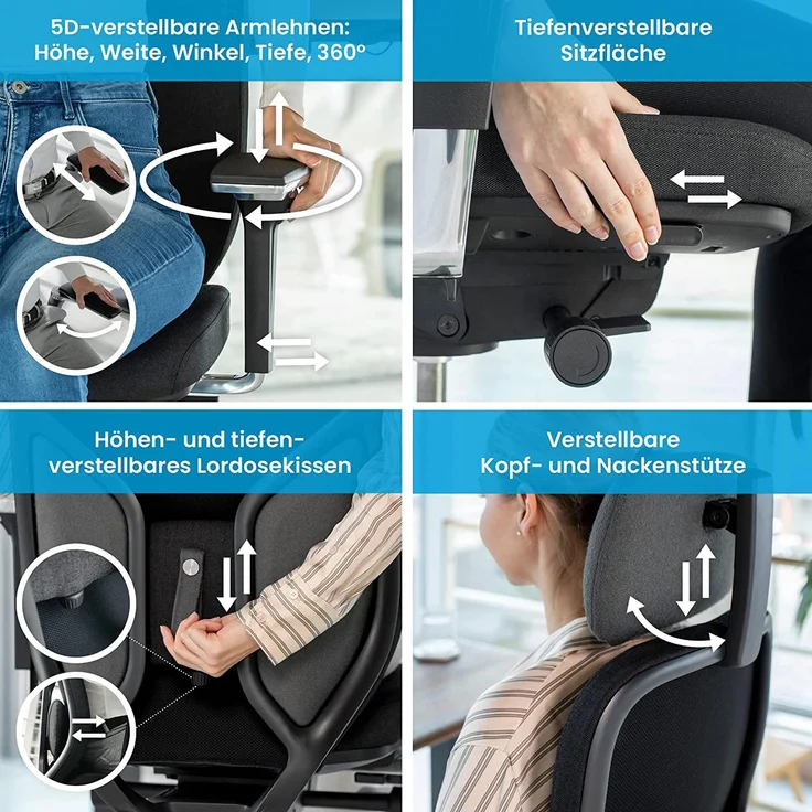 Ergotopia® MasterBack Executive ergonomischer Bürostuhl mit 3D Neigungsmechanik - Premium Schreibtischstuhl Made in Germany mit Lordosenstütze, Synchronmechanik & verstellbaren 5D Armlehnen – Bild 6