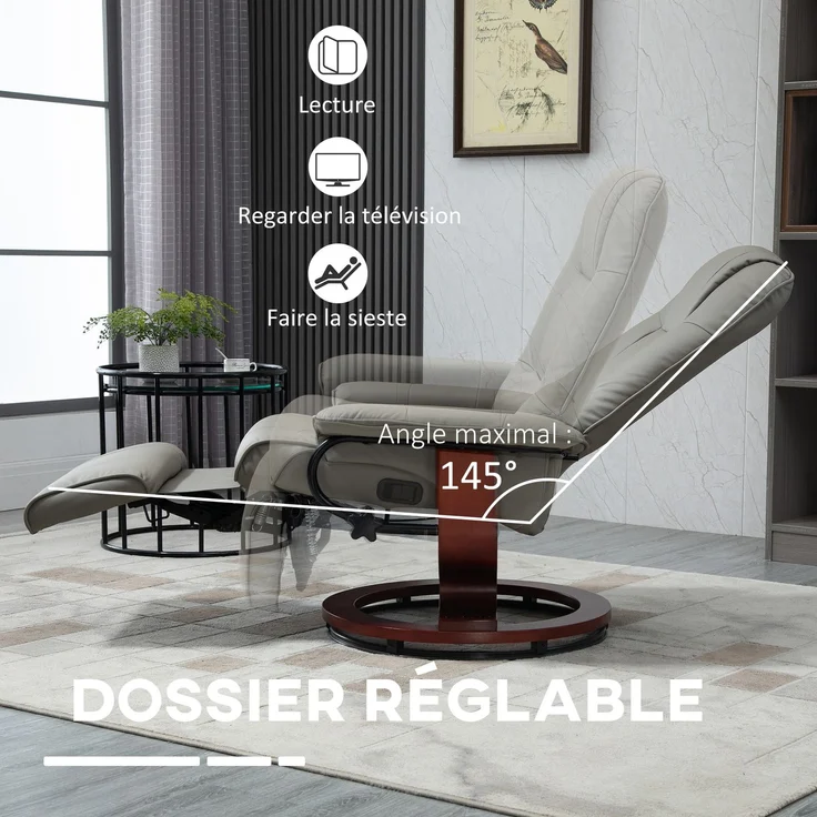 Relaxsessel, verstellbar, mit verstellbarer Fußstütze, um 360° drehbar, Holzgestell, atmungsaktiver und weicher PU-Bezug in Grau – Bild 6